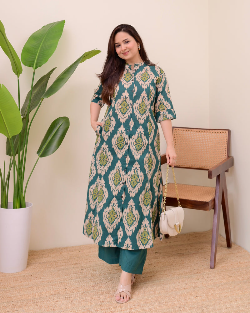 Rama Green Baroque Cotton Kurta Palazzo Set