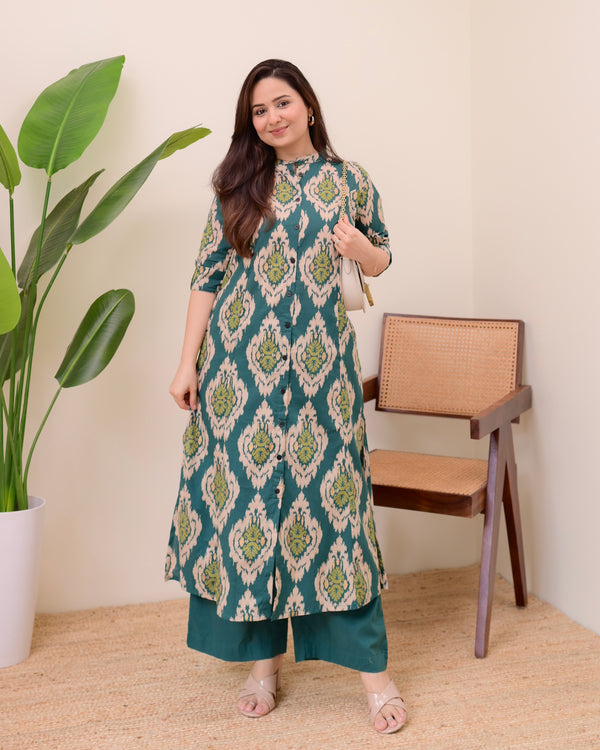 Rama Green Baroque Cotton Kurta Palazzo Set