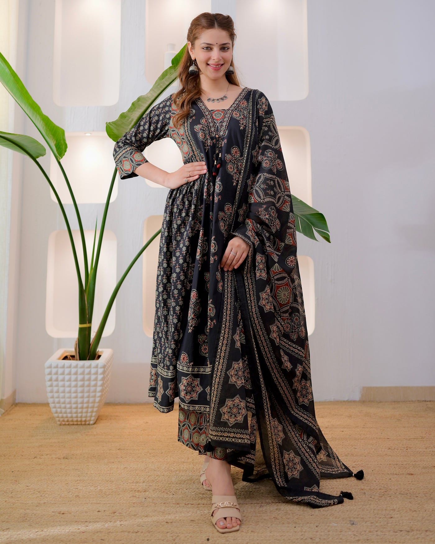 Midnight Ajrakh Premium Cotton A Line Suit