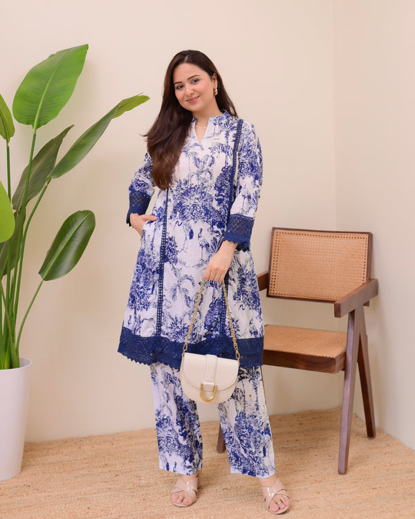 Blue French Toile Lace Premium Cotton A Line Kurta Set