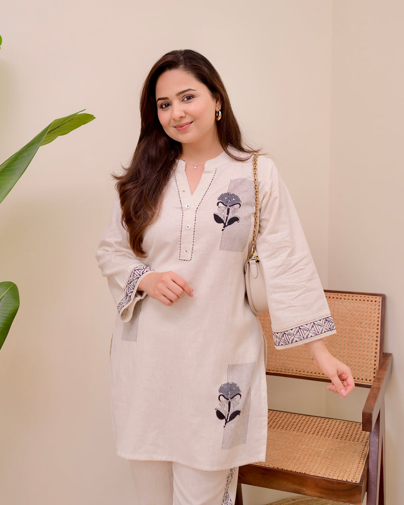 Ivory Black Kantha Sequin Cotton Co-ord