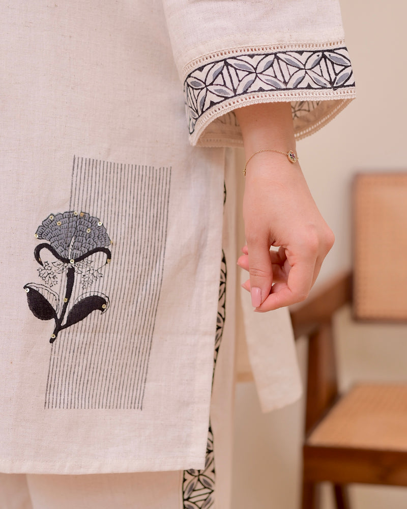 Ivory Black Kantha Sequin Cotton Co-ord
