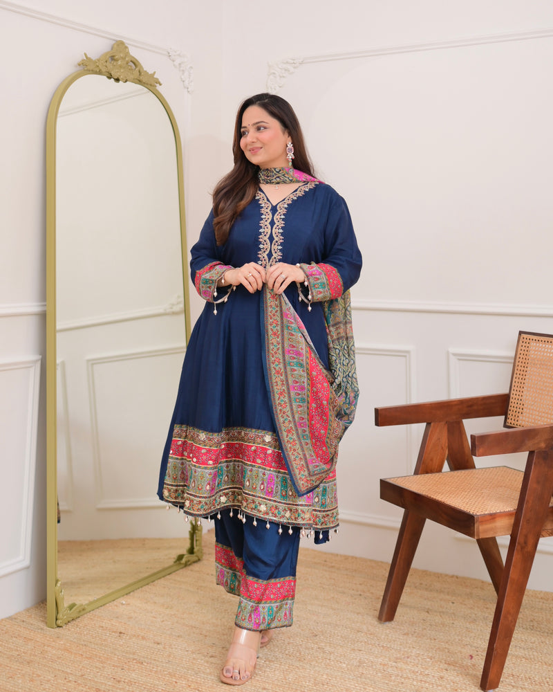 Navy Blue Handwork Silk A Line Festive Suit