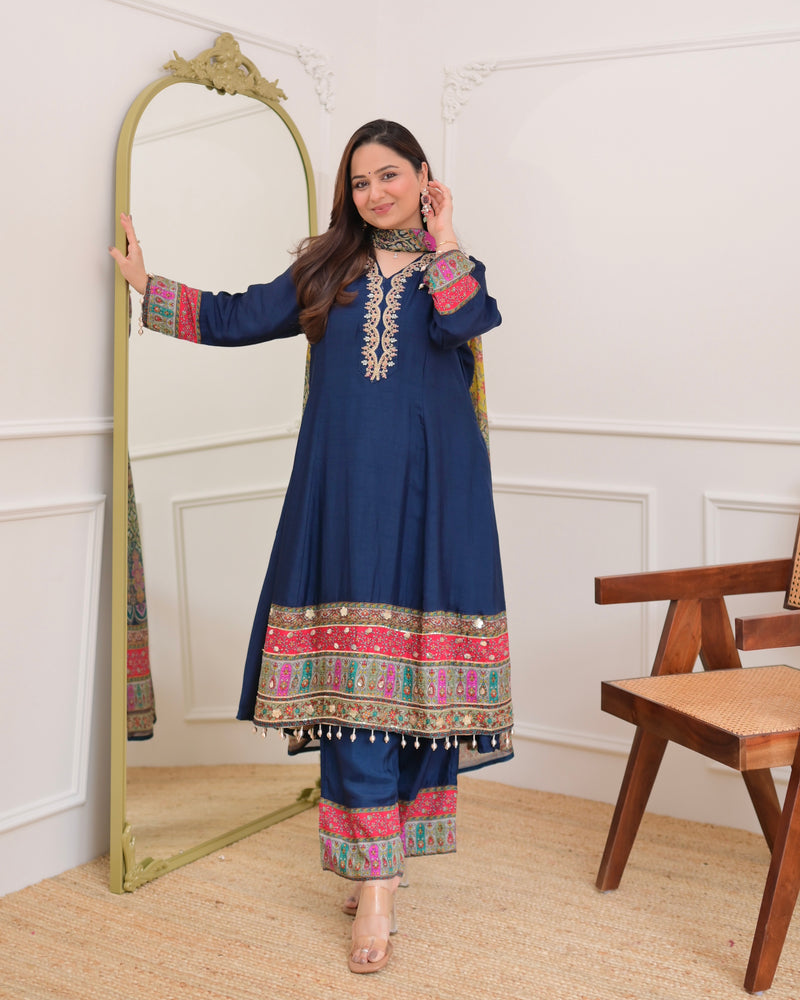 Navy Blue Handwork Silk A Line Festive Suit
