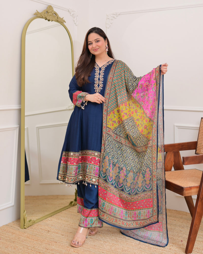 Navy Blue Handwork Silk A Line Festive Suit