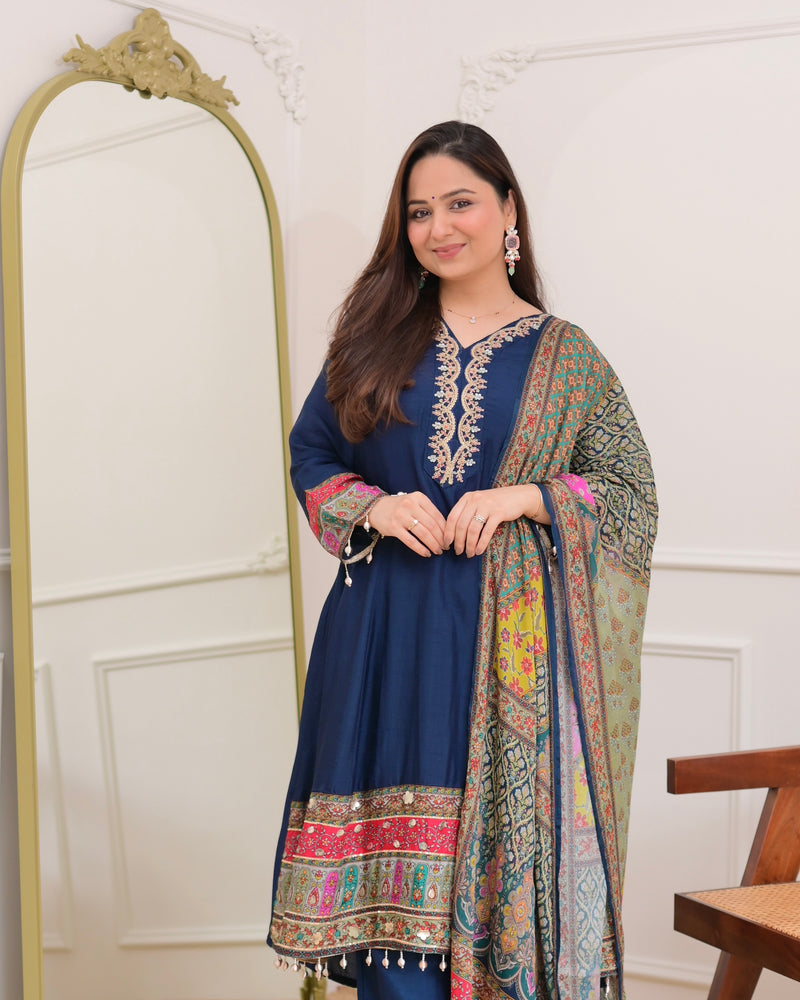 Navy Blue Handwork Silk A Line Festive Suit