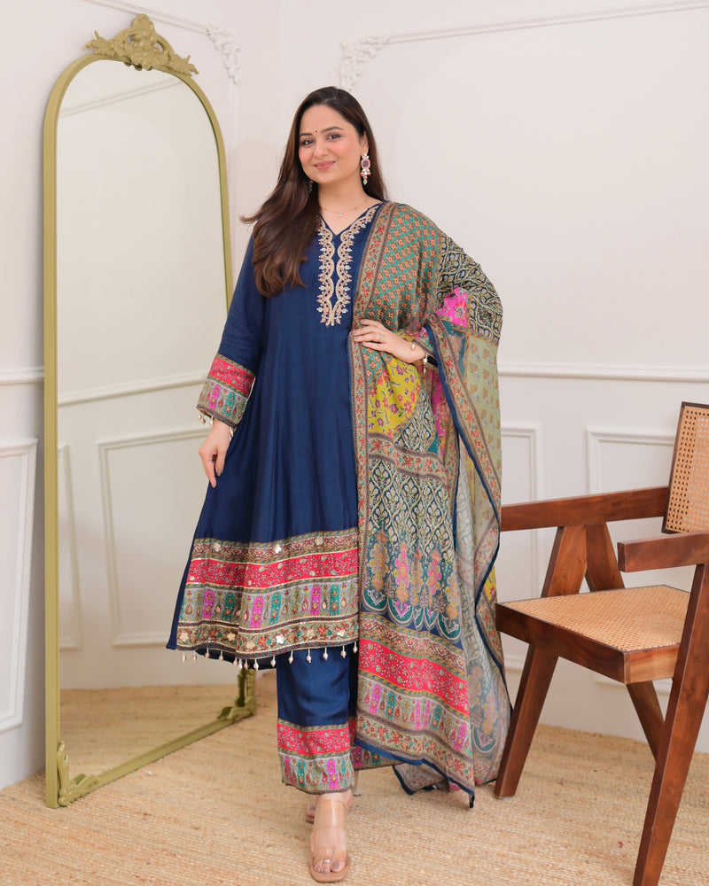 Navy Blue Handwork Silk A Line Festive Suit