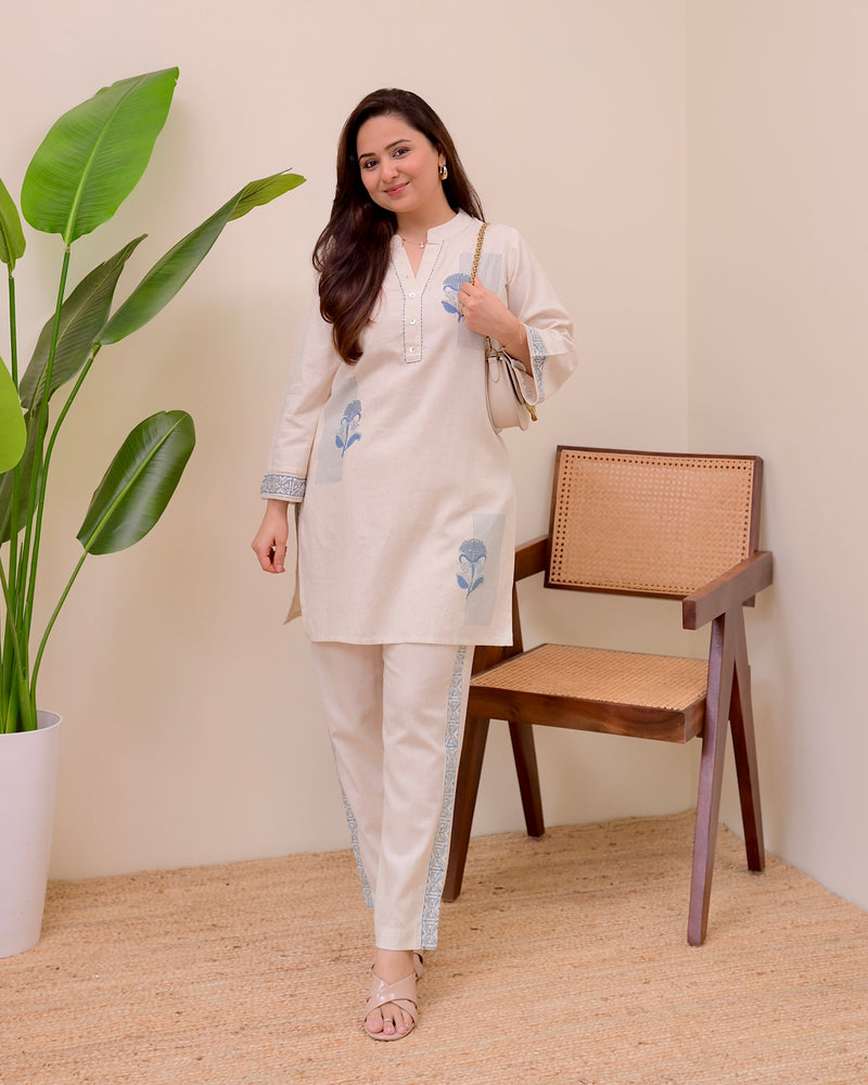 Ivory Blue Kantha Sequin Cotton Co-ord