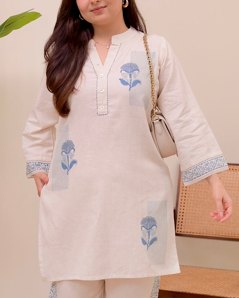 Ivory Blue Kantha Sequin Cotton Co-ord