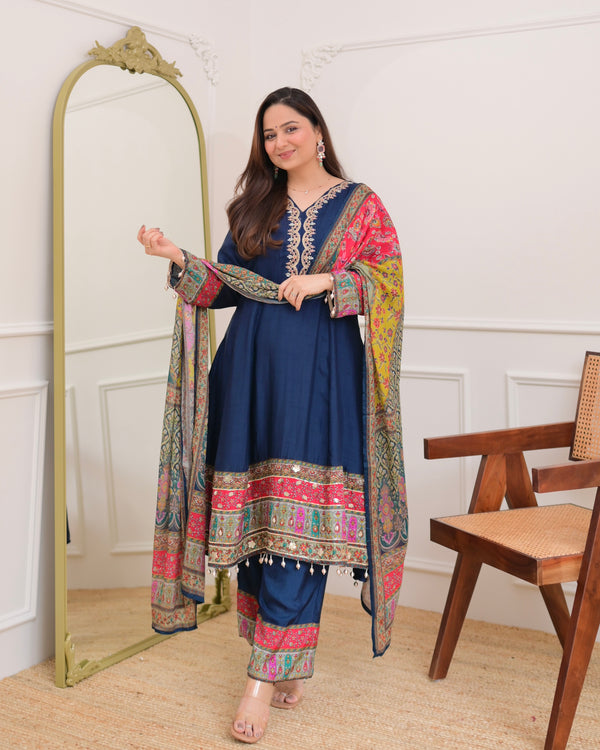 Navy Blue Handwork Silk A Line Festive Suit