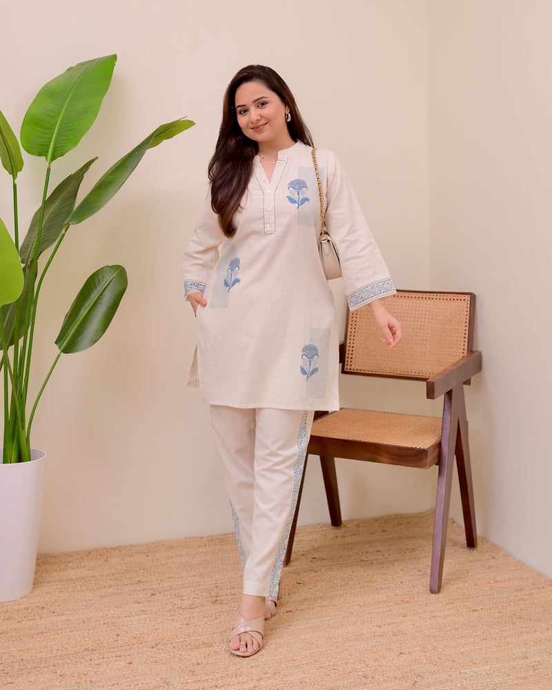 Ivory Blue Kantha Sequin Cotton Co-ord