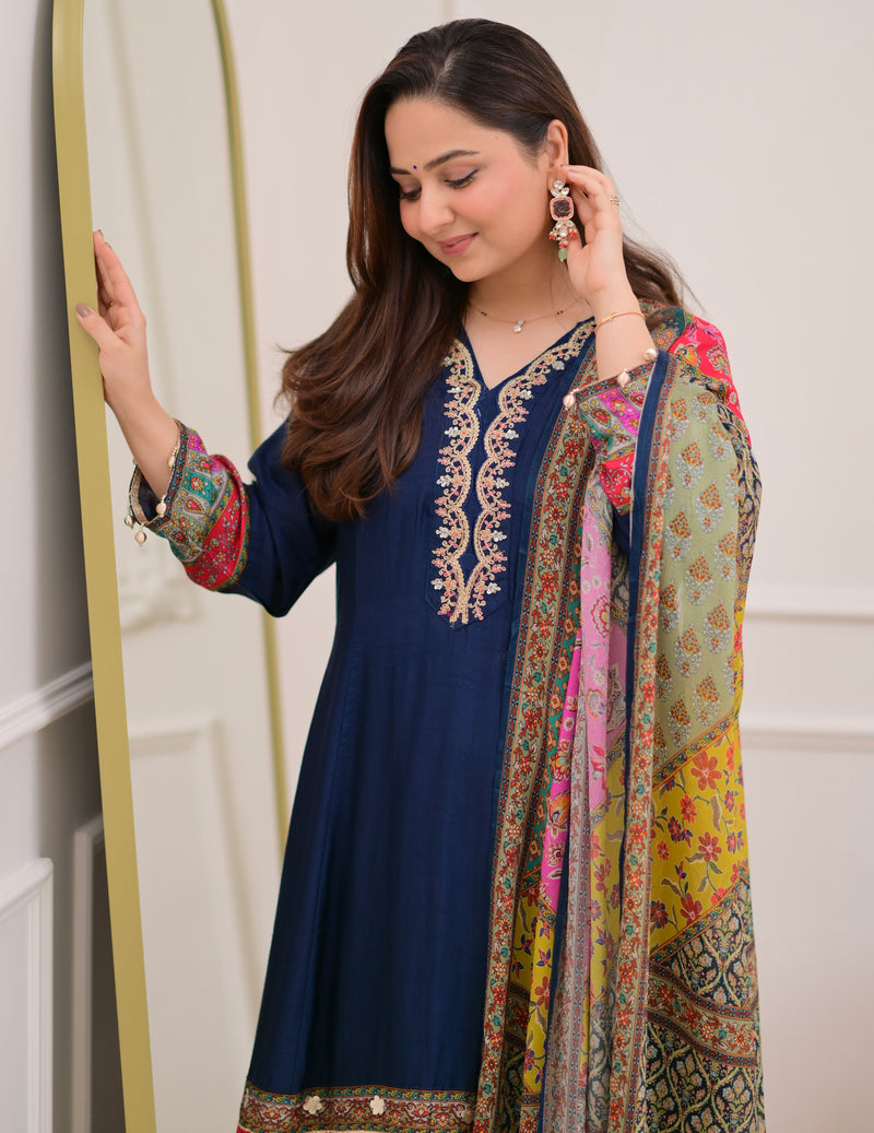 Navy Blue Handwork Silk A Line Festive Suit