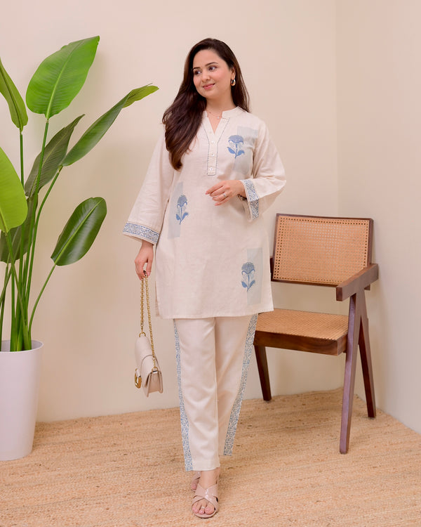 Ivory Blue Kantha Sequin Cotton Co-ord