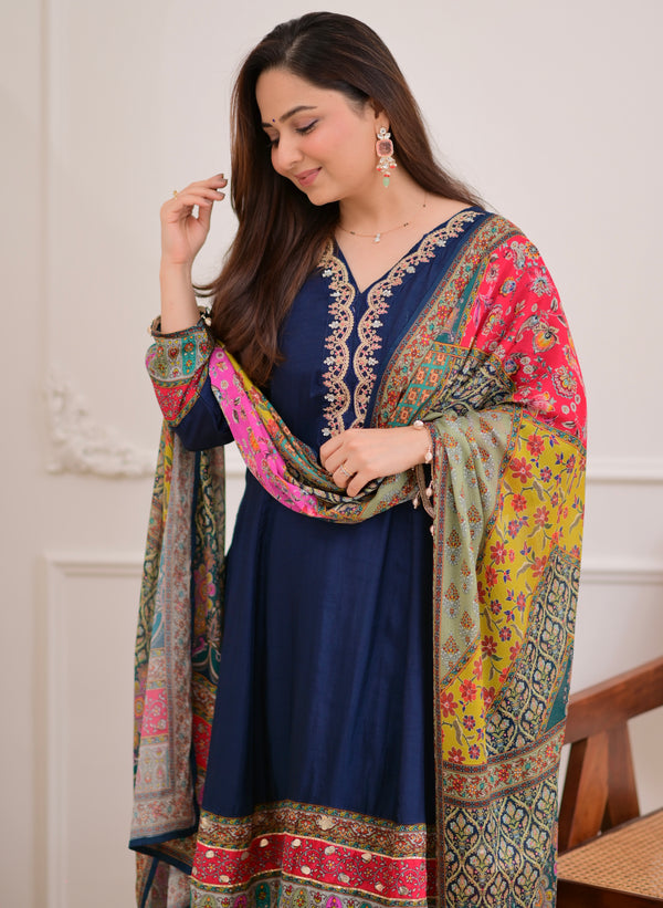 Navy Blue Handwork Silk A Line Festive Suit