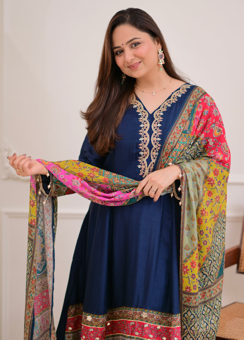 Navy Blue Handwork Silk A Line Festive Suit
