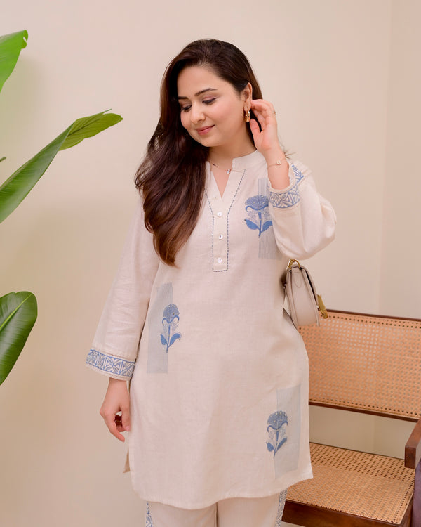 Ivory Blue Kantha Sequin Cotton Co-ord