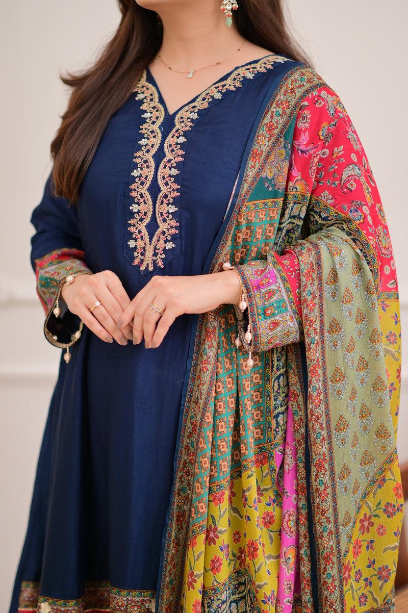 Navy Blue Handwork Silk A Line Festive Suit