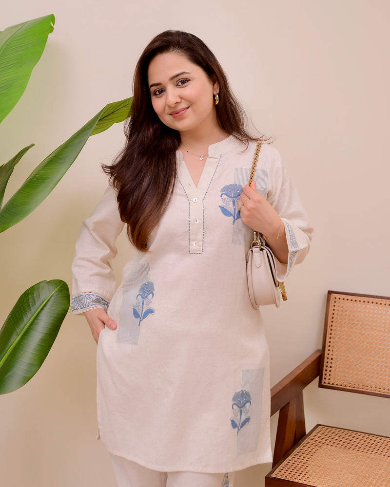 Ivory Blue Kantha Sequin Cotton Co-ord