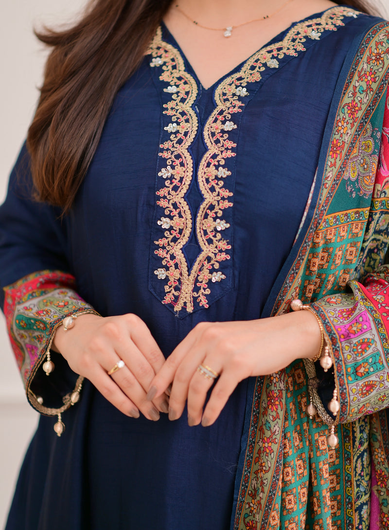 Navy Blue Handwork Silk A Line Festive Suit