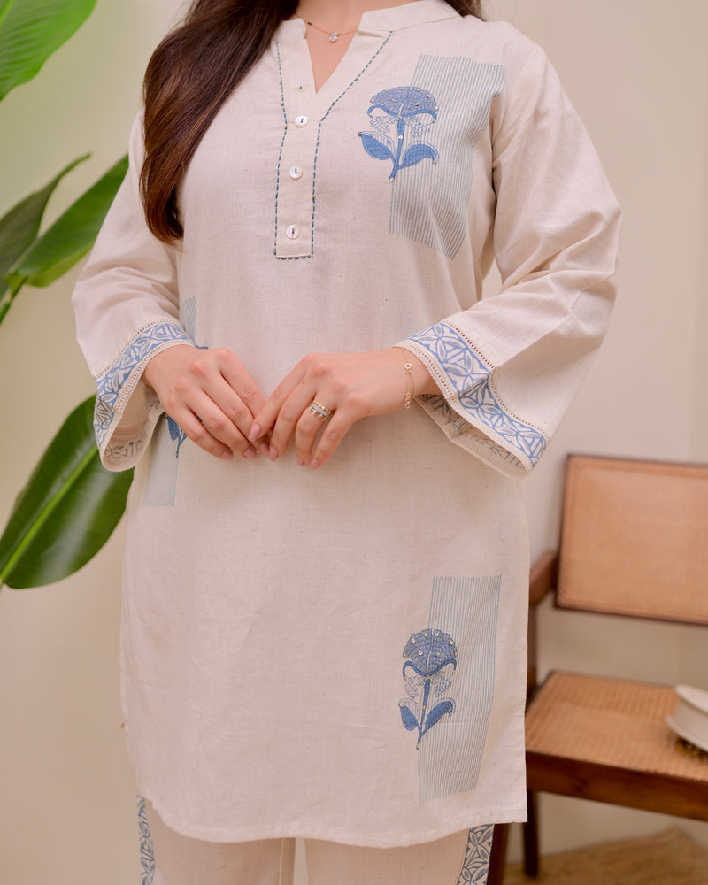 Ivory Blue Kantha Sequin Cotton Co-ord