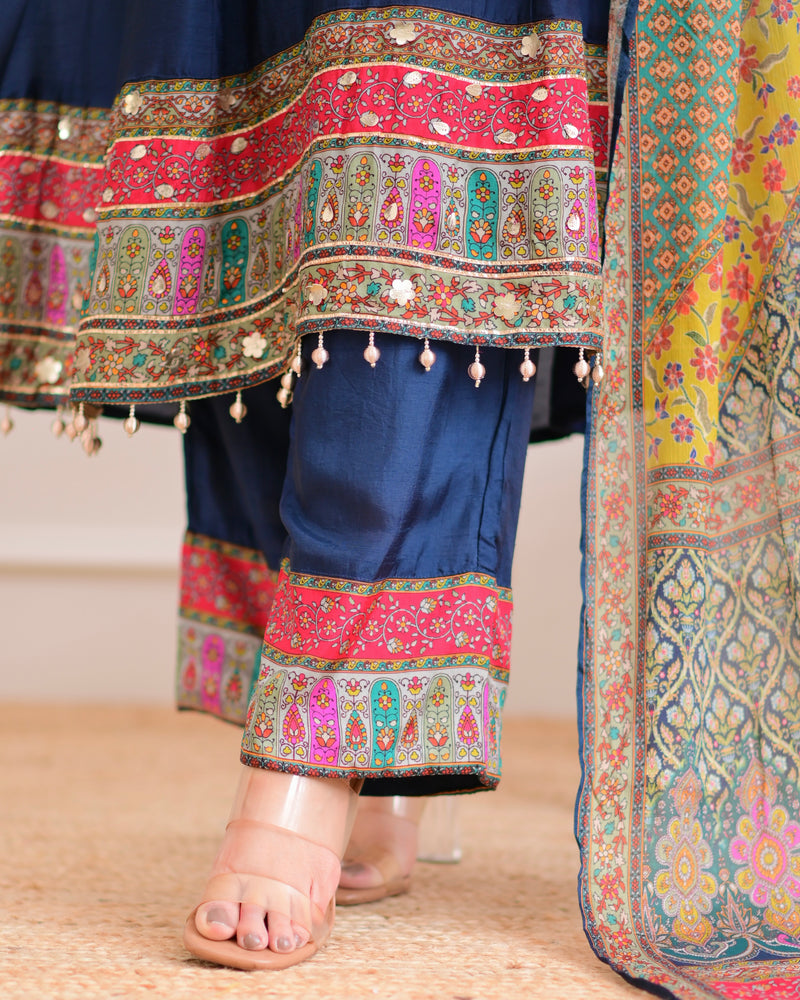 Navy Blue Handwork Silk A Line Festive Suit