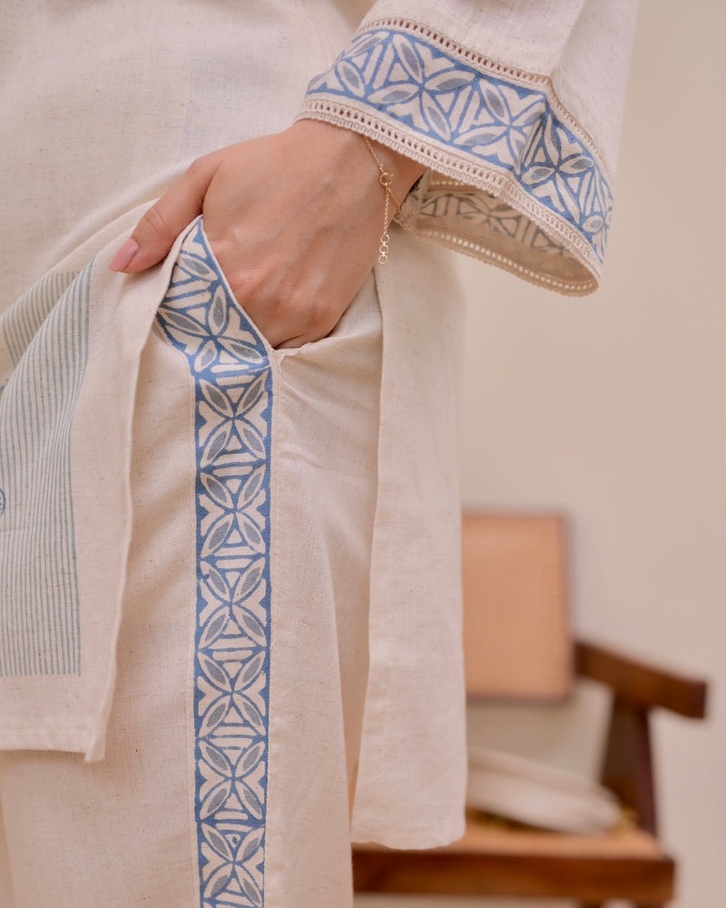 Ivory Blue Kantha Sequin Cotton Co-ord