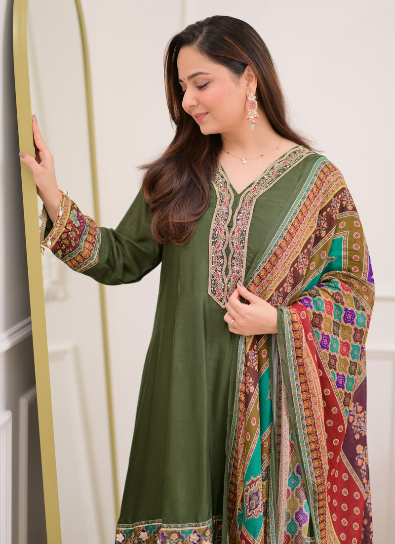 Green Handwork Silk A Line Festive Suit