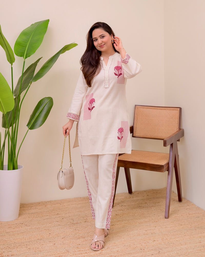 Ivory Pink Kantha Sequin Cotton Co-ord