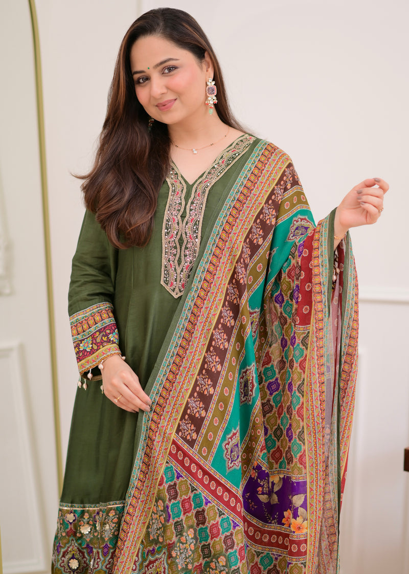 Green Handwork Silk A Line Festive Suit