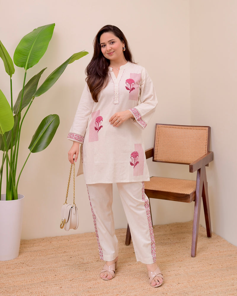Ivory Pink Kantha Sequin Cotton Co-ord