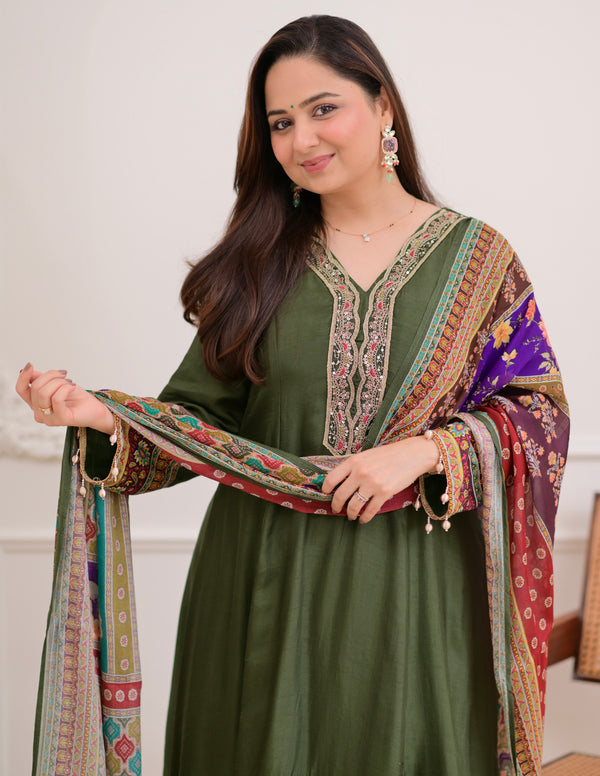 Green Handwork Silk A Line Festive Suit