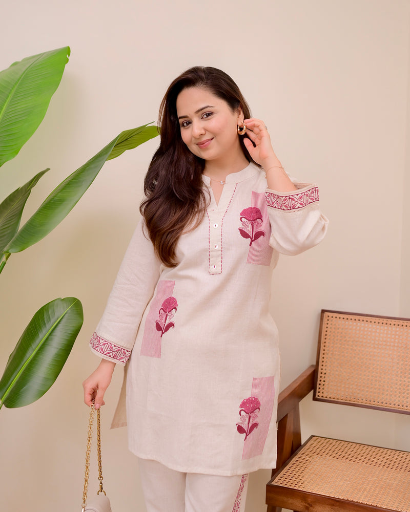 Ivory Pink Kantha Sequin Cotton Co-ord