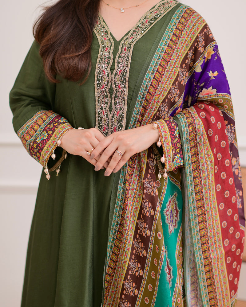 Green Handwork Silk A Line Festive Suit