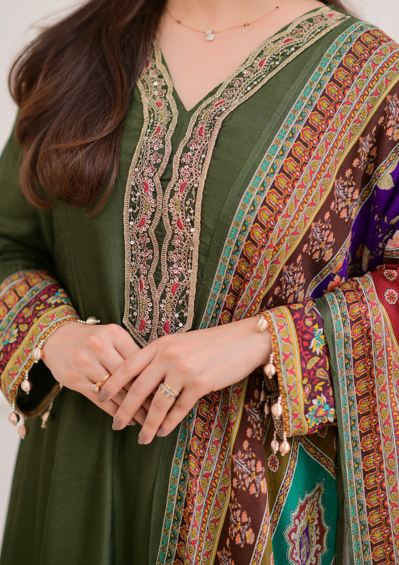Green Handwork Silk A Line Festive Suit