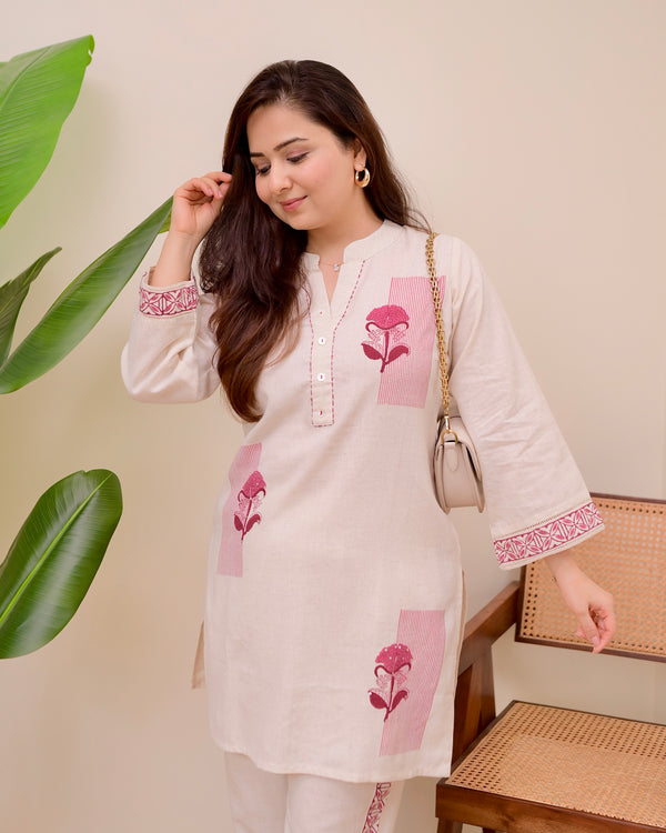 Ivory Pink Kantha Sequin Cotton Co-ord