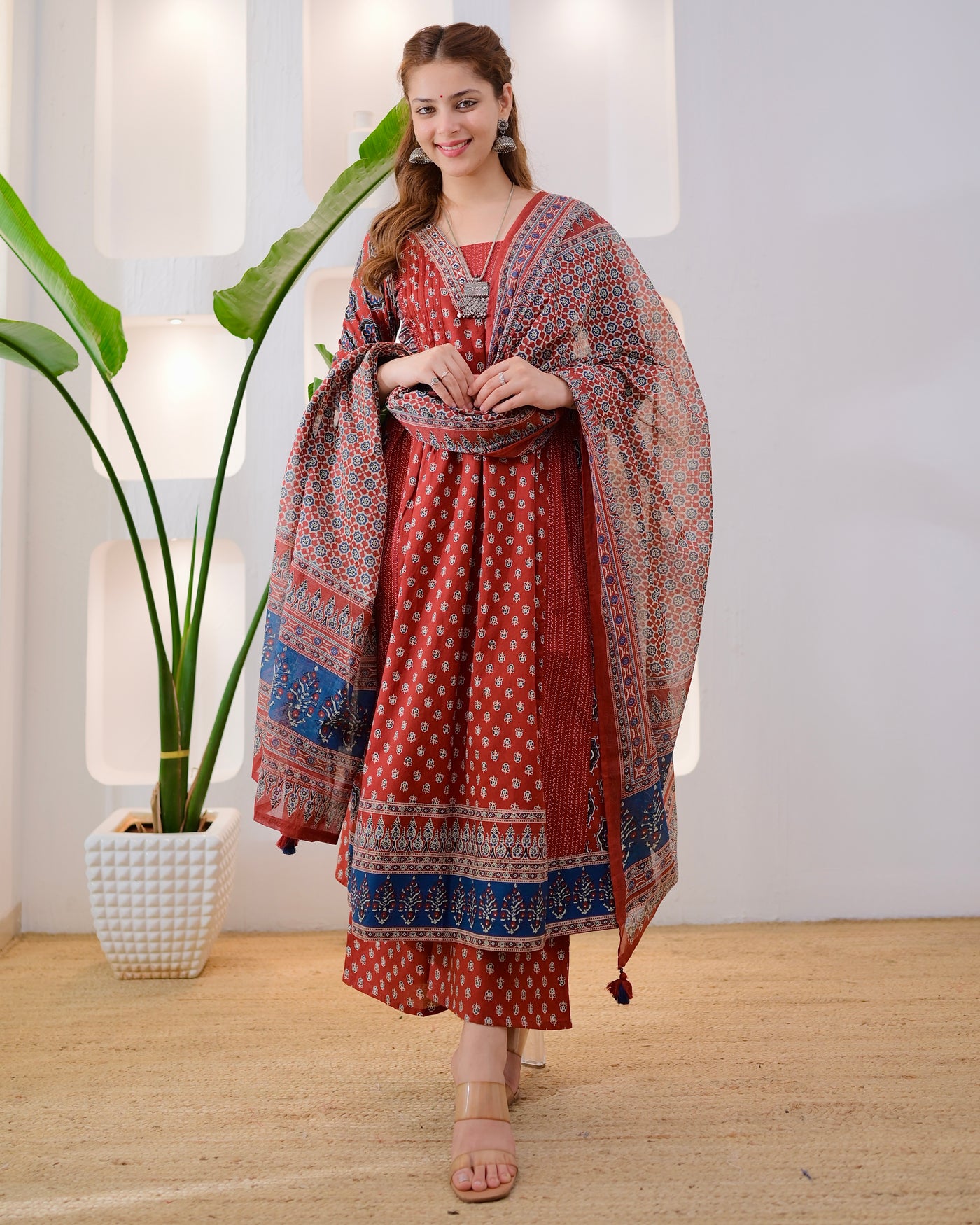 Maroon Ajrakh A Line Printed Premium Cotton Suit
