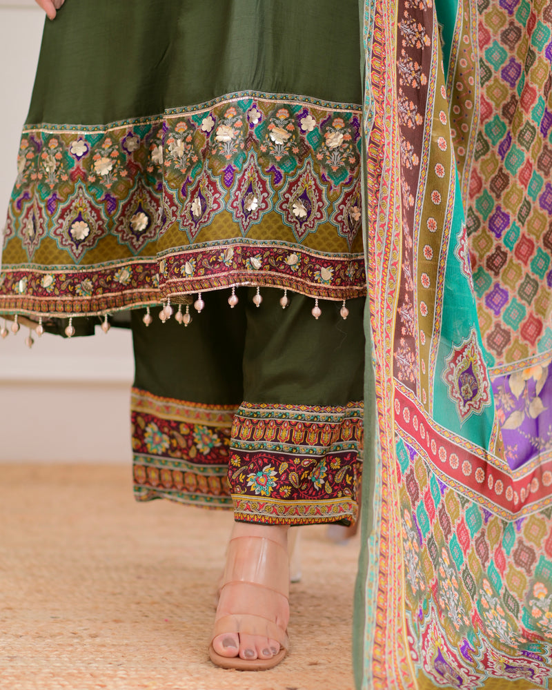 Green Handwork Silk A Line Festive Suit