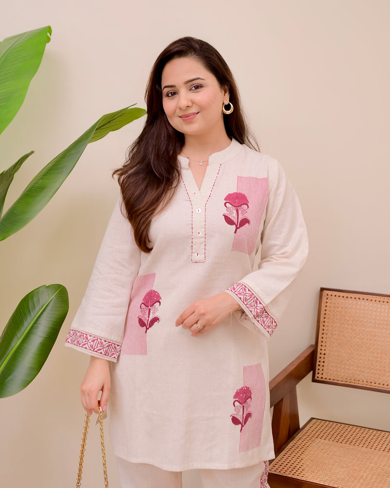 Ivory Pink Kantha Sequin Cotton Co-ord