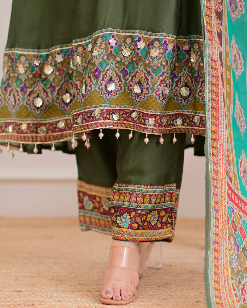 Green Handwork Silk A Line Festive Suit