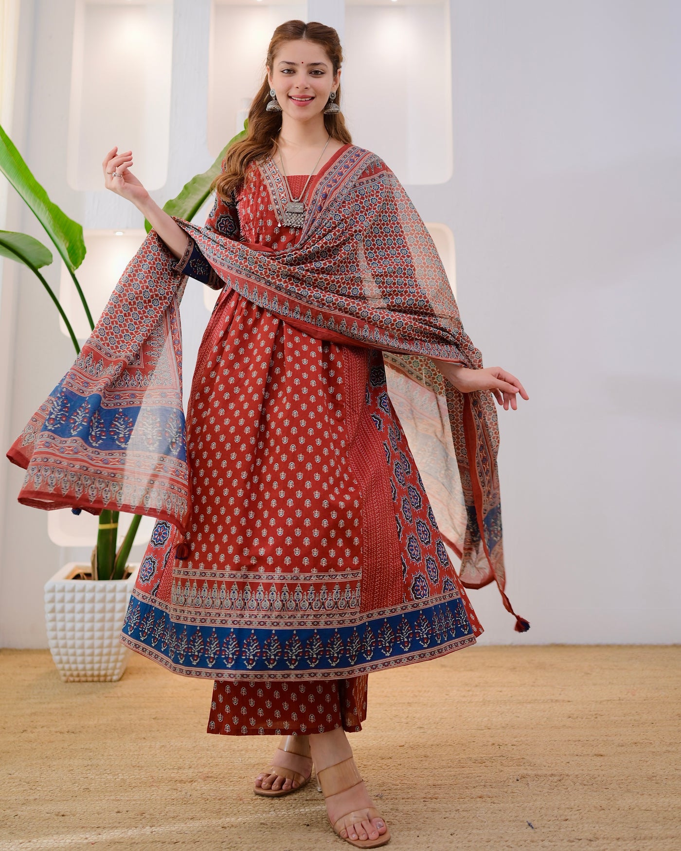 Maroon Ajrakh A Line Printed Premium Cotton Suit