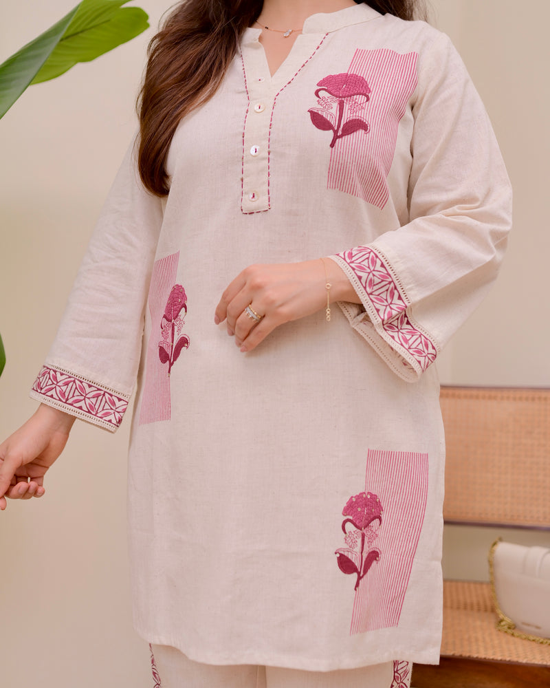 Ivory Pink Kantha Sequin Cotton Co-ord