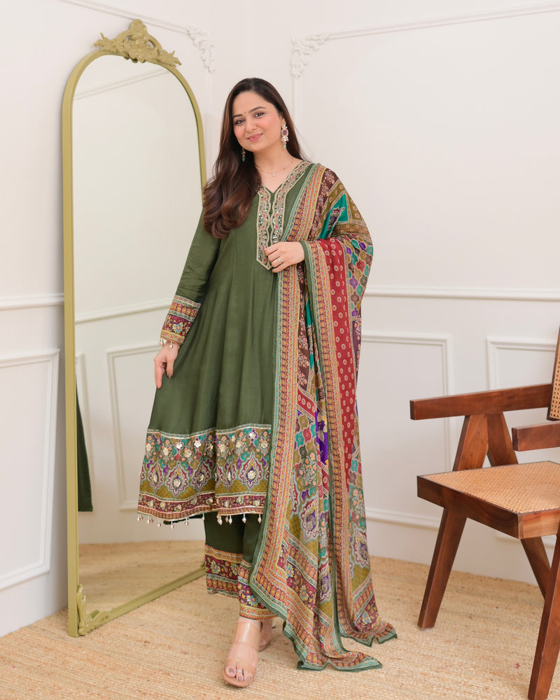 Green Handwork Silk A Line Festive Suit