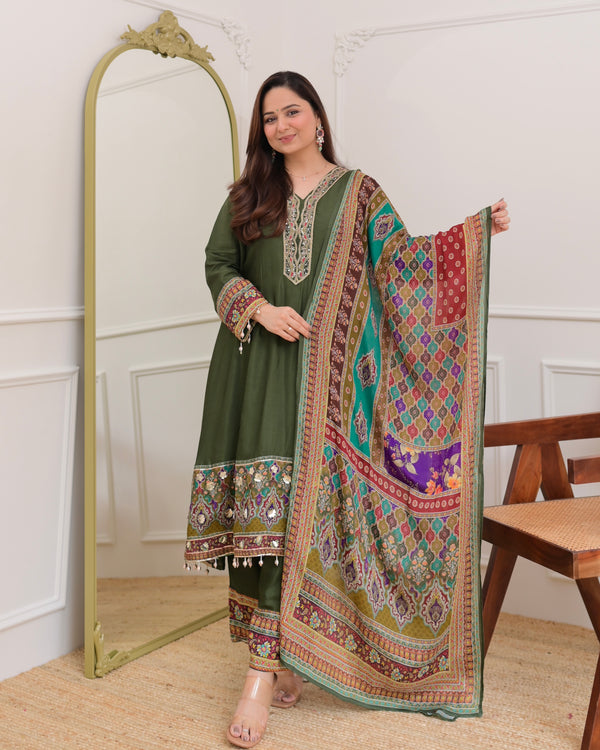Green Handwork Silk A Line Festive Suit