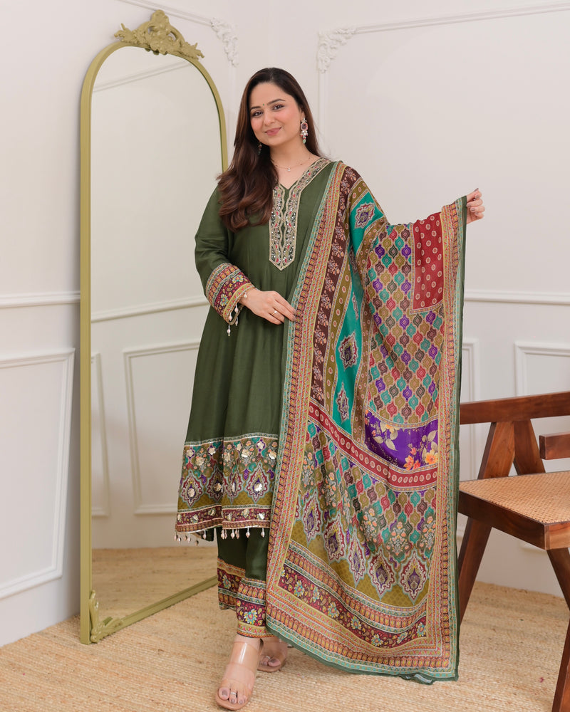 Green Handwork Silk A Line Festive Suit