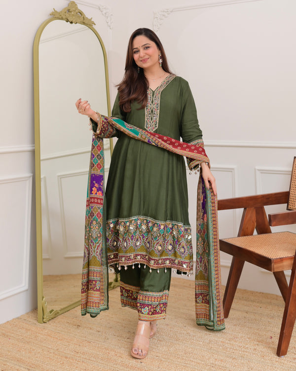 Green Handwork Silk A Line Festive Suit