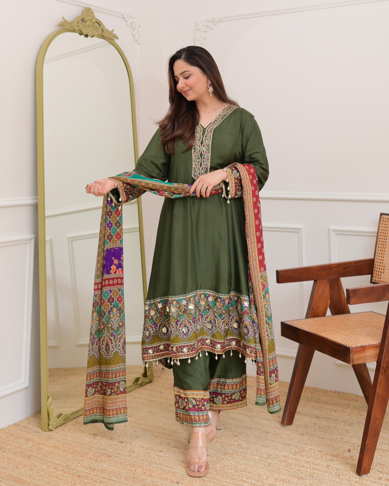 Green Handwork Silk A Line Festive Suit