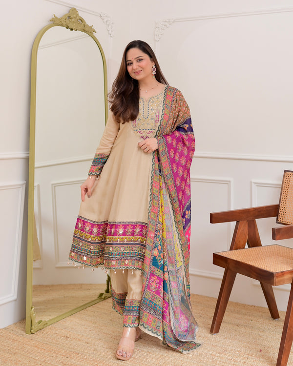 Ivory Handwork Silk A Line Festive Suit