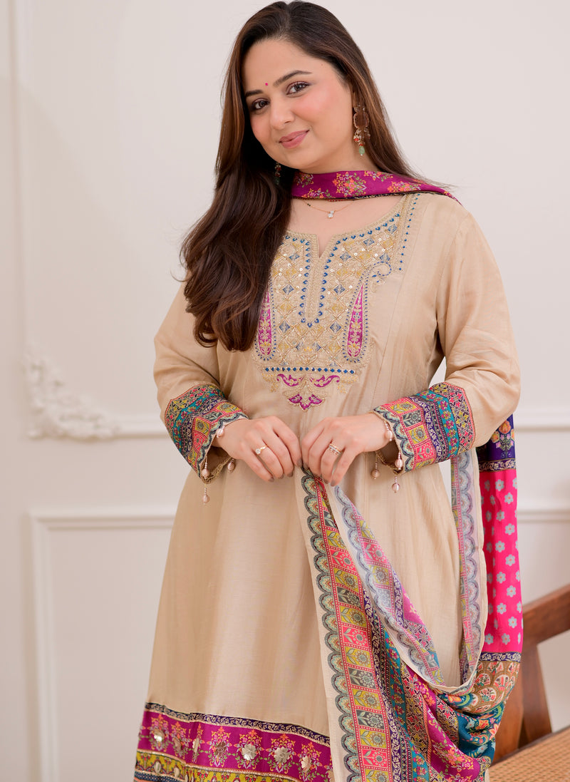 Ivory Handwork Silk A Line Festive Suit
