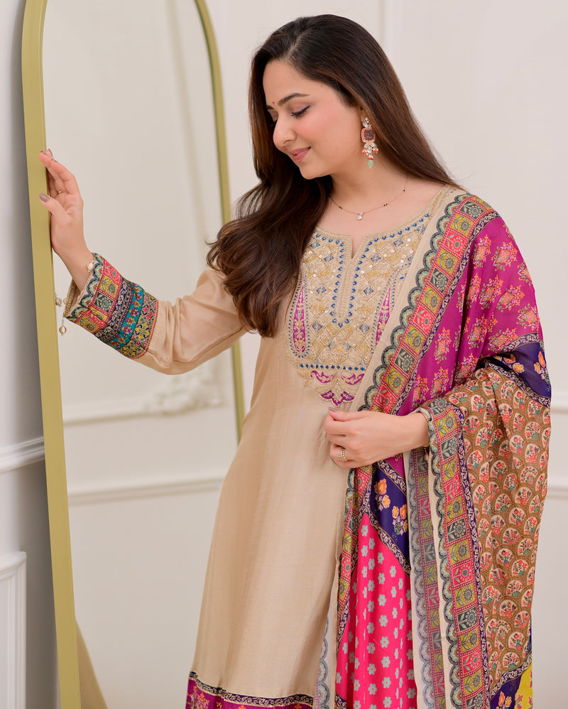 Ivory Handwork Silk A Line Festive Suit