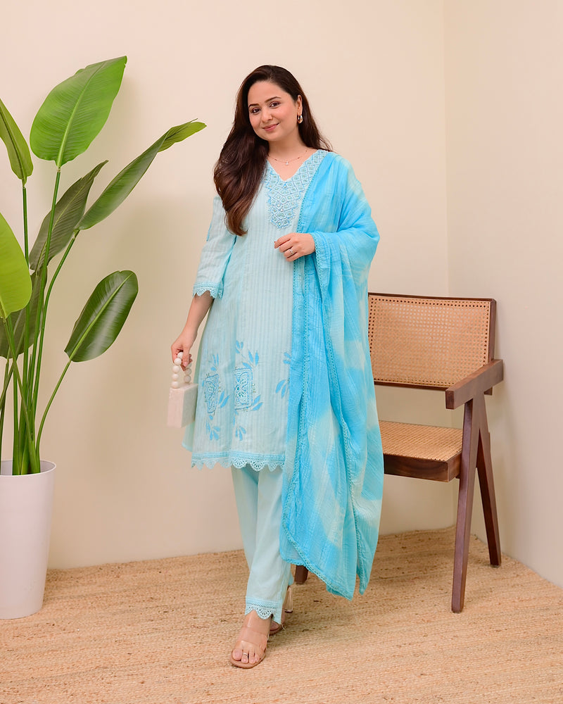 Sky Blue Handwork A Line Cotton Suit